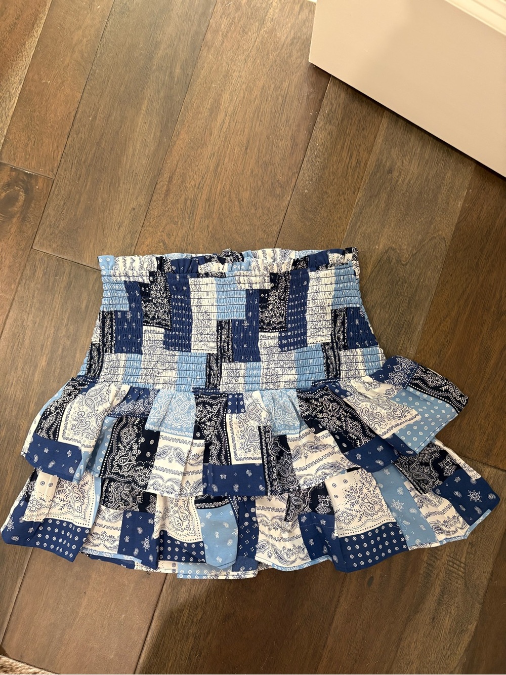English Factory Blue Patchwork Smocked Tiered Mini Skirt